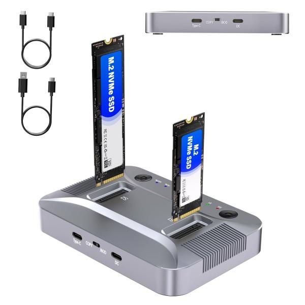 M.2 NVMe SATA SSD Duplicator, 10Gbps Dual-Bay Docking Station, USB-C Offline SSD Cloner for System OS Migration, Tool-Free, Support SSD up to 16TB